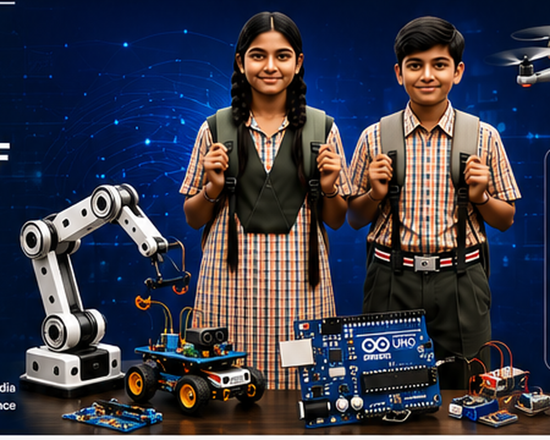 Students with robotics, Arduino electronics and drone technology